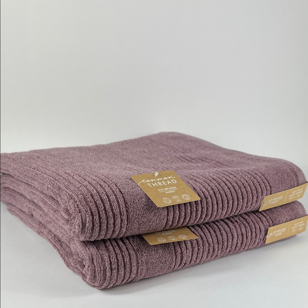 2pc Common Thread Bamboo Bath Towels Purple Mauve Zero Twist Soft Cotton NEW